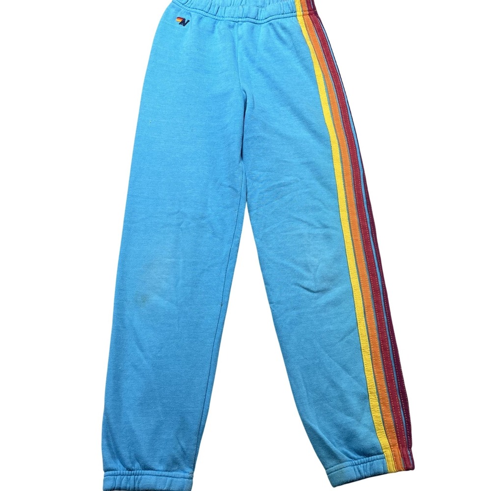 Aviator Nation Sweatpants Kids 14 Blue Rainbow Stripe Fleece Jogger USA Flaw